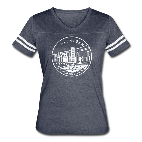 Michigan Women’s Vintage Sport T-Shirt - State Design Women’s Michigan Shirt - vintage navy/white