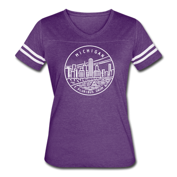 Michigan Women’s Vintage Sport T-Shirt - State Design Women’s Michigan Shirt - vintage purple/white