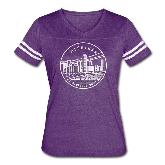 Michigan Women’s Vintage Sport T-Shirt - State Design Women’s Michigan Shirt - vintage purple/white