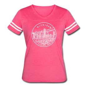 Michigan Women’s Vintage Sport T-Shirt - State Design Women’s Michigan Shirt - vintage pink/white