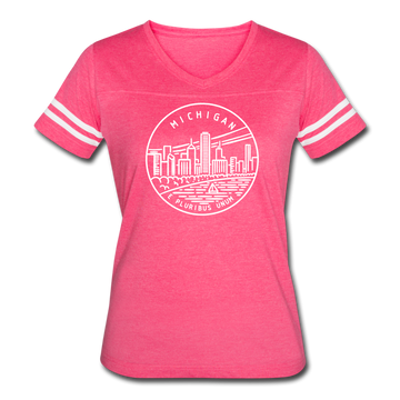 Michigan Women’s Vintage Sport T-Shirt - State Design Women’s Michigan Shirt - vintage pink/white