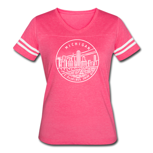 Michigan Women’s Vintage Sport T-Shirt - State Design Women’s Michigan Shirt - vintage pink/white