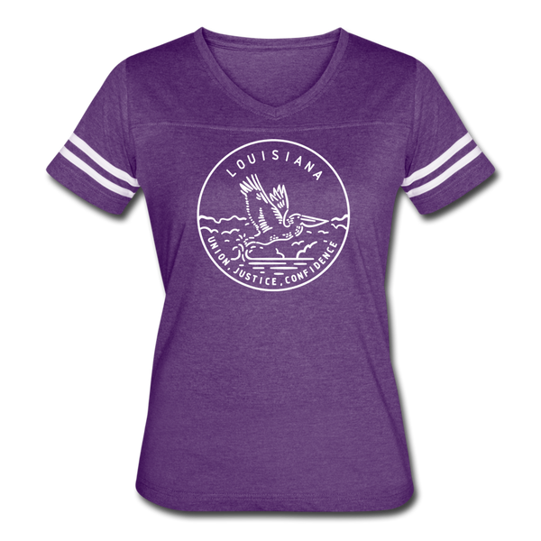 Louisiana Women’s Vintage Sport T-Shirt - State Design Women’s Louisiana Shirt - vintage purple/white
