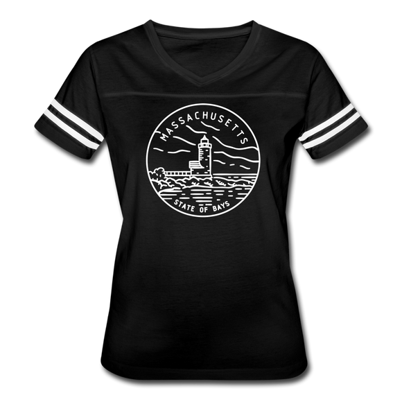 Massachusetts Women’s Vintage Sport T-Shirt - State Design Women’s Massachusetts Shirt - black/white