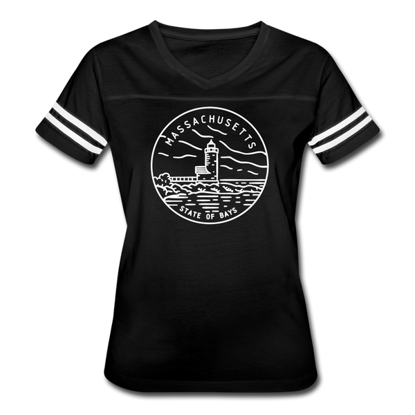 Massachusetts Women’s Vintage Sport T-Shirt - State Design Women’s Massachusetts Shirt - black/white