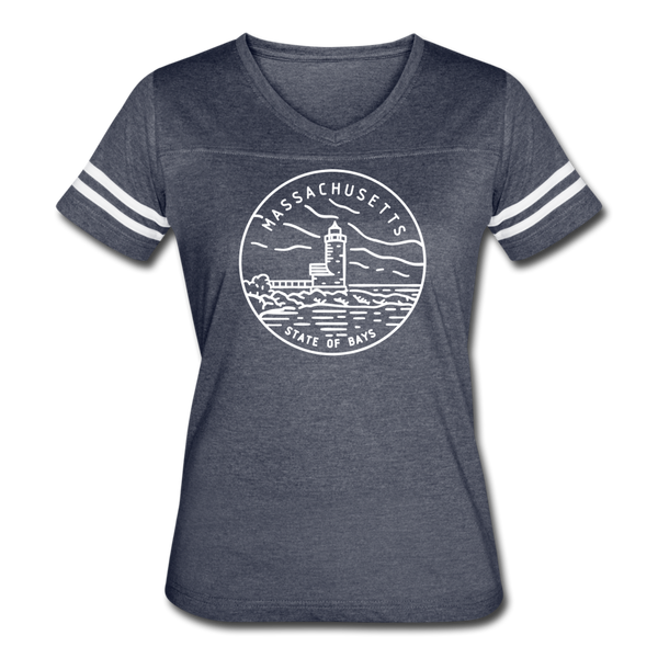 Massachusetts Women’s Vintage Sport T-Shirt - State Design Women’s Massachusetts Shirt - vintage navy/white