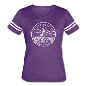 Massachusetts Women’s Vintage Sport T-Shirt - State Design Women’s Massachusetts Shirt - vintage purple/white
