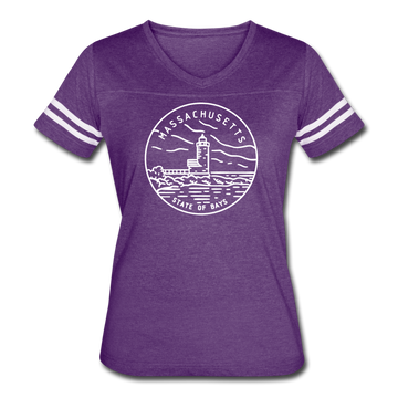 Massachusetts Women’s Vintage Sport T-Shirt - State Design Women’s Massachusetts Shirt - vintage purple/white