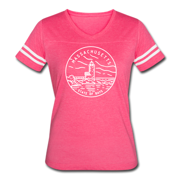 Massachusetts Women’s Vintage Sport T-Shirt - State Design Women’s Massachusetts Shirt - vintage pink/white