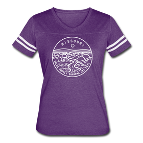 Missouri Women’s Vintage Sport T-Shirt - State Design Women’s Missouri Shirt - vintage purple/white