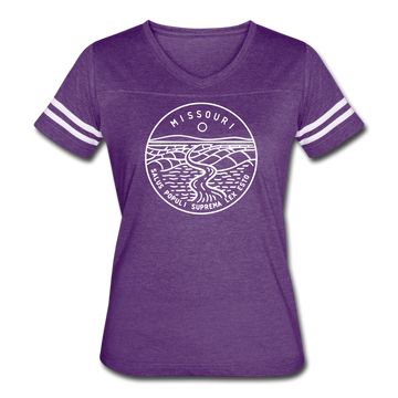 Missouri Women’s Vintage Sport T-Shirt - State Design Women’s Missouri Shirt - vintage purple/white