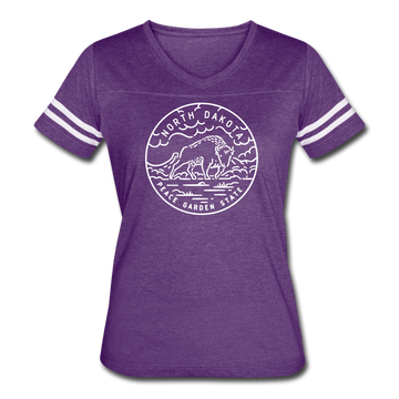 North Dakota Women’s Vintage Sport T-Shirt - State Design Women’s North Dakota Shirt - vintage purple/white