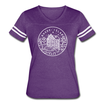 Rhode Island Women’s Vintage Sport T-Shirt - State Design Women’s Rhode Island Shirt - vintage purple/white