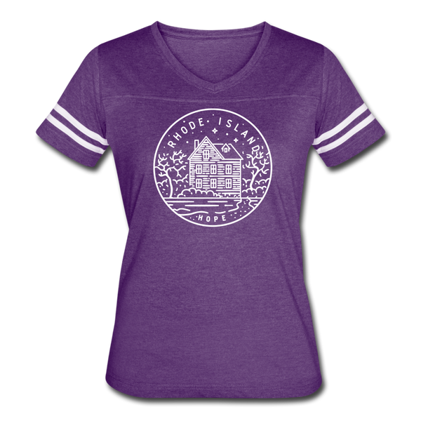 Rhode Island Women’s Vintage Sport T-Shirt - State Design Women’s Rhode Island Shirt - vintage purple/white