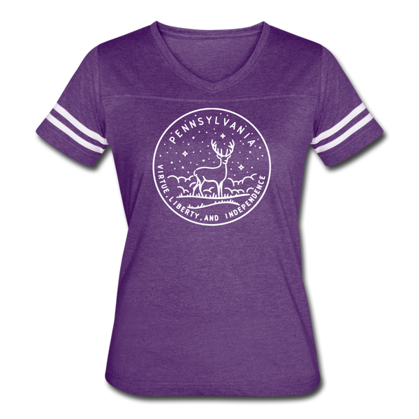 Pennsylvania Women’s Vintage Sport T-Shirt - State Design Women’s Pennsylvania Shirt - vintage purple/white