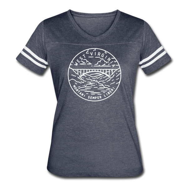 West Virginia Women’s Vintage Sport T-Shirt - State Design Women’s West Virginia Shirt - vintage navy/white