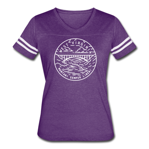 West Virginia Women’s Vintage Sport T-Shirt - State Design Women’s West Virginia Shirt - vintage purple/white