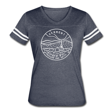 Vermont Women’s Vintage Sport T-Shirt - State Design Women’s Vermont Shirt - vintage navy/white