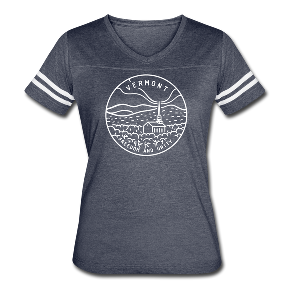 Vermont Women’s Vintage Sport T-Shirt - State Design Women’s Vermont Shirt - vintage navy/white