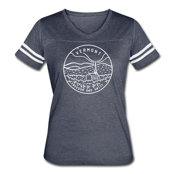Vermont Women’s Vintage Sport T-Shirt - State Design Women’s Vermont Shirt - vintage navy/white
