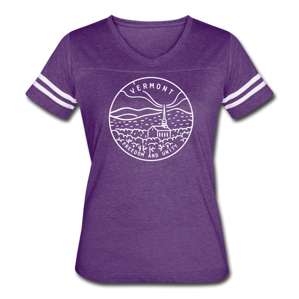 Vermont Women’s Vintage Sport T-Shirt - State Design Women’s Vermont Shirt - vintage purple/white