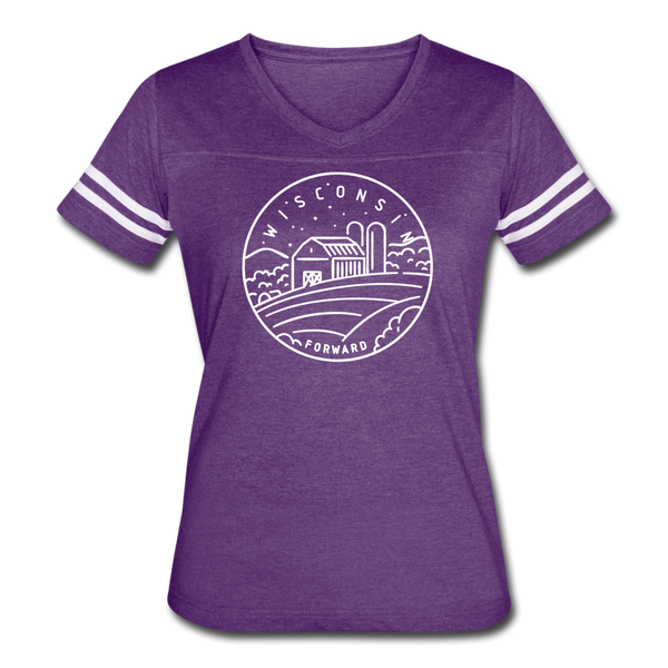 Wisconsin Women’s Vintage Sport T-Shirt - State Design Women’s Wisconsin Shirt - vintage purple/white