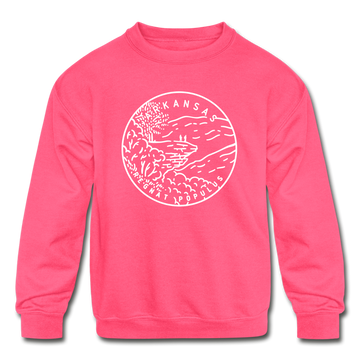 Arkansas Youth Sweatshirt - State Design Youth Arkansas Crewneck Sweatshirt - neon pink