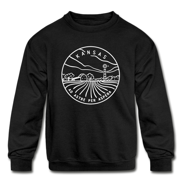 Kansas Youth Sweatshirt - State Design Youth Kansas Crewneck Sweatshirt - black