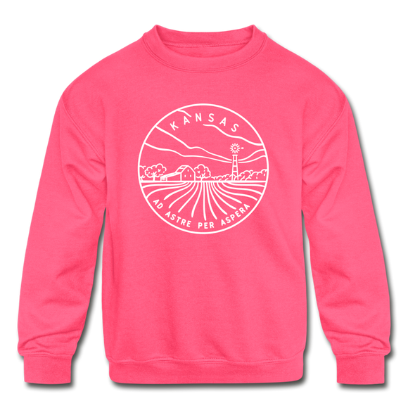 Kansas Youth Sweatshirt - State Design Youth Kansas Crewneck Sweatshirt - neon pink
