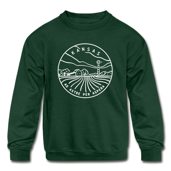 Kansas Youth Sweatshirt - State Design Youth Kansas Crewneck Sweatshirt - forest green