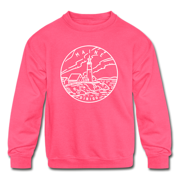 Maine Youth Sweatshirt - State Design Youth Maine Crewneck Sweatshirt - neon pink