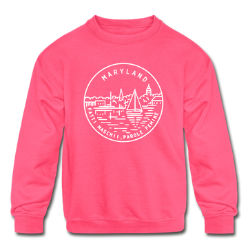 Maryland Youth Sweatshirt - State Design Youth Maryland Crewneck Sweatshirt - neon pink