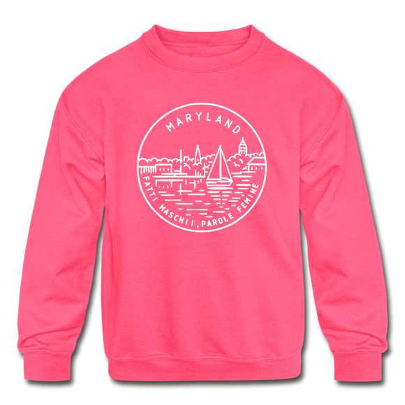 Maryland Youth Sweatshirt - State Design Youth Maryland Crewneck Sweatshirt - neon pink