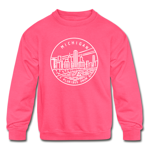Michigan Youth Sweatshirt - State Design Youth Michigan Crewneck Sweatshirt - neon pink