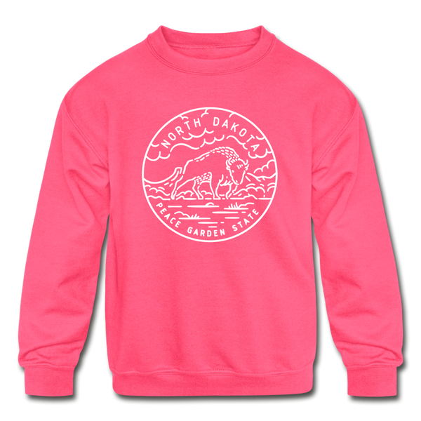 North Dakota Youth Sweatshirt - State Design Youth North Dakota Crewneck Sweatshirt - neon pink