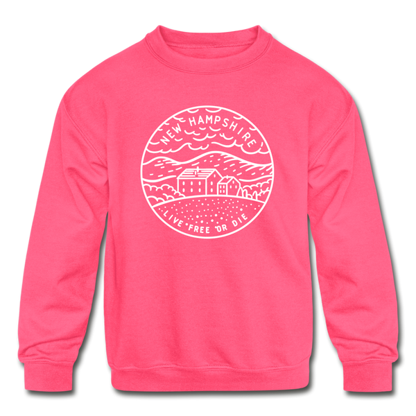 New Hampshire Youth Sweatshirt - State Design Youth New Hampshire Crewneck Sweatshirt - neon pink