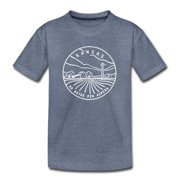 Kansas Youth T-Shirt - State Design Youth Kansas Tee - heather blue