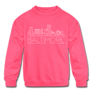 Baltimore, Maryland Youth Sweatshirt - Skyline Youth Baltimore Crewneck Sweatshirt - neon pink