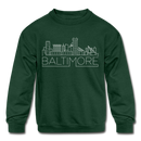 Baltimore, Maryland Youth Sweatshirt - Skyline Youth Baltimore Crewneck Sweatshirt - forest green