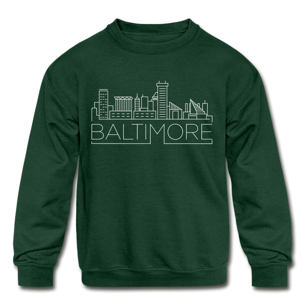 Baltimore, Maryland Youth Sweatshirt - Skyline Youth Baltimore Crewneck Sweatshirt - forest green