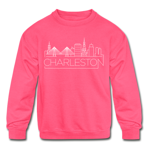 Charleston, South Carolina Youth Sweatshirt - Skyline Youth Charleston Crewneck Sweatshirt - neon pink