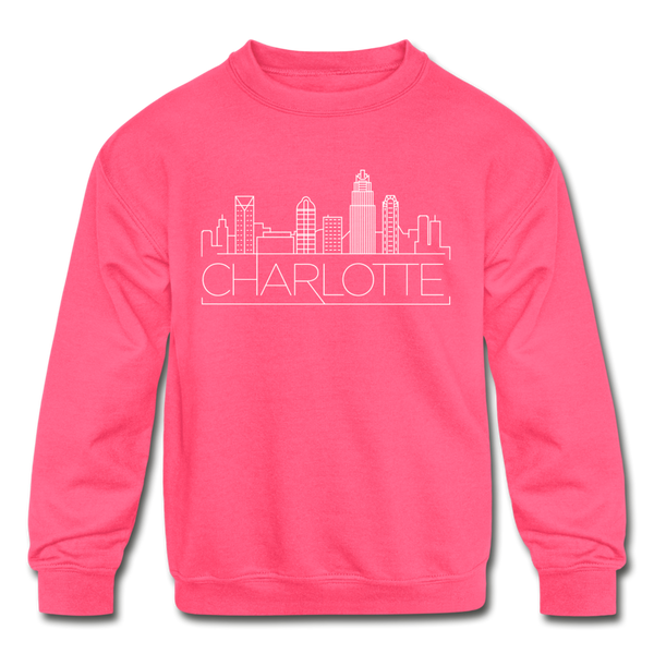 Charlotte, North Carolina Youth Sweatshirt - Skyline Youth Charlotte Crewneck Sweatshirt - neon pink