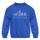 Jacksonville, Florida Youth Sweatshirt - Skyline Youth Jacksonville Crewneck Sweatshirt - royal blue