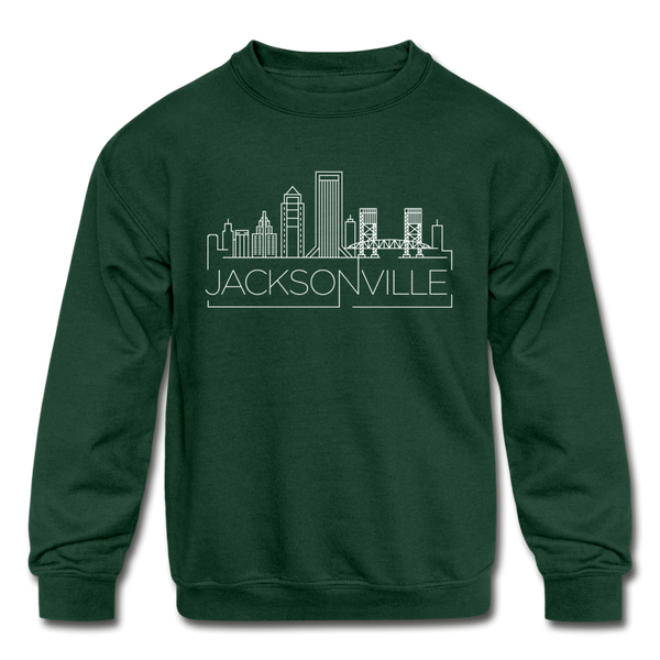 Jacksonville, Florida Youth Sweatshirt - Skyline Youth Jacksonville Crewneck Sweatshirt - forest green