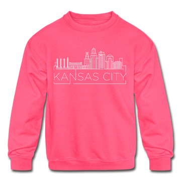Kansas City, Missouri Youth Sweatshirt - Skyline Youth Kansas City Crewneck Sweatshirt - neon pink