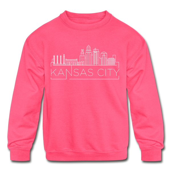 Kansas City, Missouri Youth Sweatshirt - Skyline Youth Kansas City Crewneck Sweatshirt - neon pink