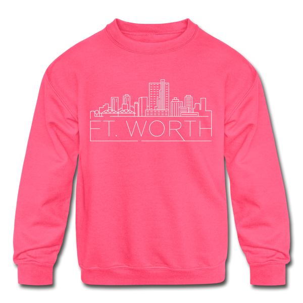 Fort Worth, Texas Youth Sweatshirt - Skyline Youth Fort Worth Crewneck Sweatshirt - neon pink