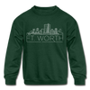 Fort Worth, Texas Youth Sweatshirt - Skyline Youth Fort Worth Crewneck Sweatshirt - forest green