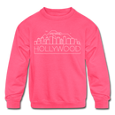 Hollywood, California Youth Sweatshirt - Skyline Youth Hollywood Crewneck Sweatshirt - neon pink