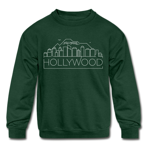Hollywood, California Youth Sweatshirt - Skyline Youth Hollywood Crewneck Sweatshirt - forest green